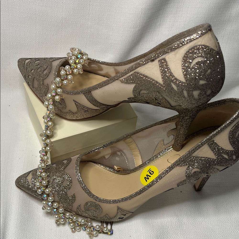 Jessica Simpson Taupe Glitter Mesh Pointed Heels with Pearl Strap Accent